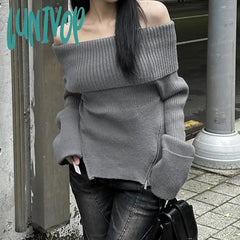 Lunivop Y2K Korean Fashion Off Shoulder Knitted Sweater Women Slash Neck Slim Pullover Winter