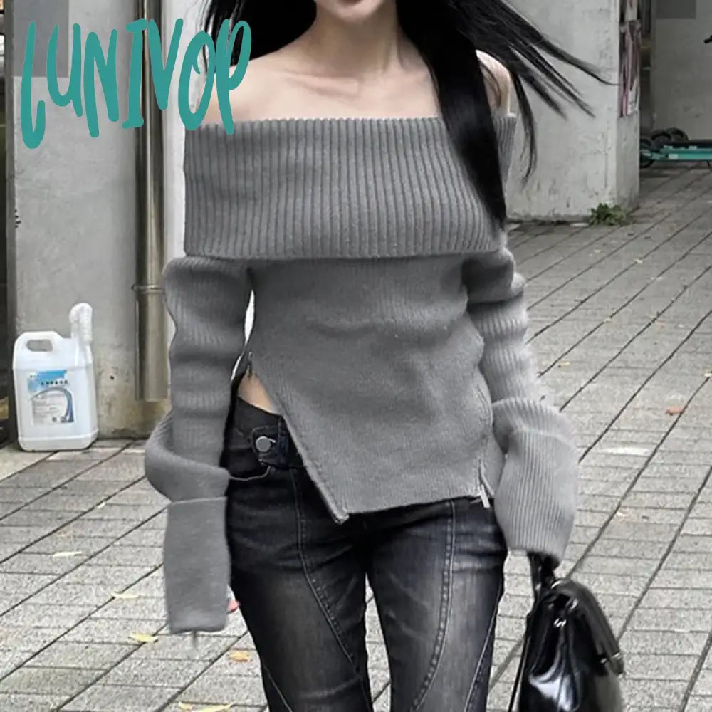 Lunivop Y2K Korean Fashion Off Shoulder Knitted Sweater Women Slash Neck Slim Pullover Winter
