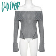 Lunivop Y2K Korean Fashion Off Shoulder Knitted Sweater Women Slash Neck Slim Pullover Winter