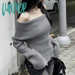 Lunivop Y2K Korean Fashion Off Shoulder Knitted Sweater Women Slash Neck Slim Pullover Winter