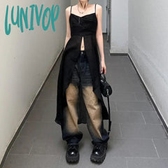 Lunivop Y2K Korean Fashion Solid Split Crop Tops Women Grunge Sexy Sleeveless Corset Tank Top V