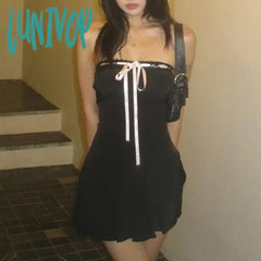 Lunivop Korean Fashion Square Neck Autumn Dress Women Sweet Lace Trim Bow Pleated Mini Coquette