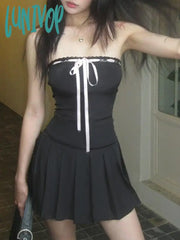 Lunivop Korean Fashion Square Neck Autumn Dress Women Sweet Lace Trim Bow Pleated Mini Coquette