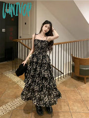 Lunivop Y2K Korean Style One Piece Floral Dress Women Vintage Elegant Layered High Waist Black Long