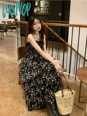 Lunivop Y2K Korean Style One Piece Floral Dress Women Vintage Elegant Layered High Waist Black Long