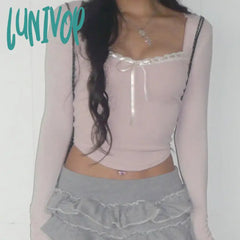 Lunivop Y2K Lace Bowknot Ribbons Lace-Up Cropped Top Vintage Women Korean Fashion Basic Knitted
