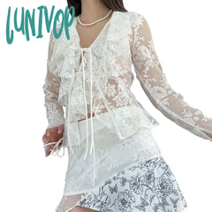 Lunivop Lace White Black Shirts Tie Front Ruffled Long Sleeve Crop Top Cardigan Y2K Coquett Clothes