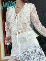 Lunivop Lace White Black Shirts Tie Front Ruffled Long Sleeve Crop Top Cardigan Y2K Coquett Clothes