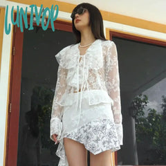 Lunivop Lace White Black Shirts Tie Front Ruffled Long Sleeve Crop Top Cardigan Y2K Coquett Clothes