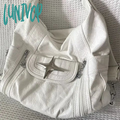 Lunivop Y2K Large Capacity Shoulder Bag White Pu Leather Cross Handbag American Style Punk Goth