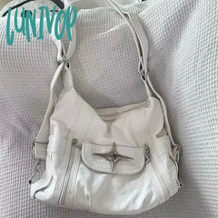 Lunivop Y2K Large Capacity Shoulder Bag White Pu Leather Cross Handbag American Style Punk Goth