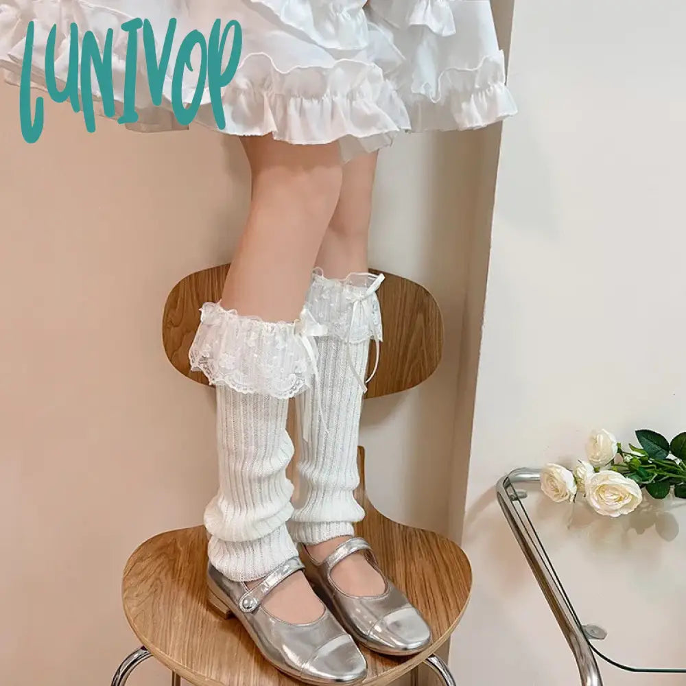 Lunivop Y2K Lolita Girls Lace Knitted Bow Tie Leg Warmers Streamer Socks Cover Pile Japanese Jk