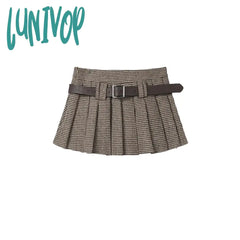 Lunivop Y2K Low Rise Houndstooth Mini Skirt With Belt Woolen Pleated Ladies Autumn Winter Outfit