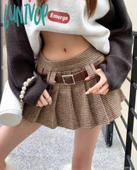 Lunivop Y2K Low Rise Houndstooth Mini Skirt With Belt Woolen Pleated Ladies Autumn Winter Outfit