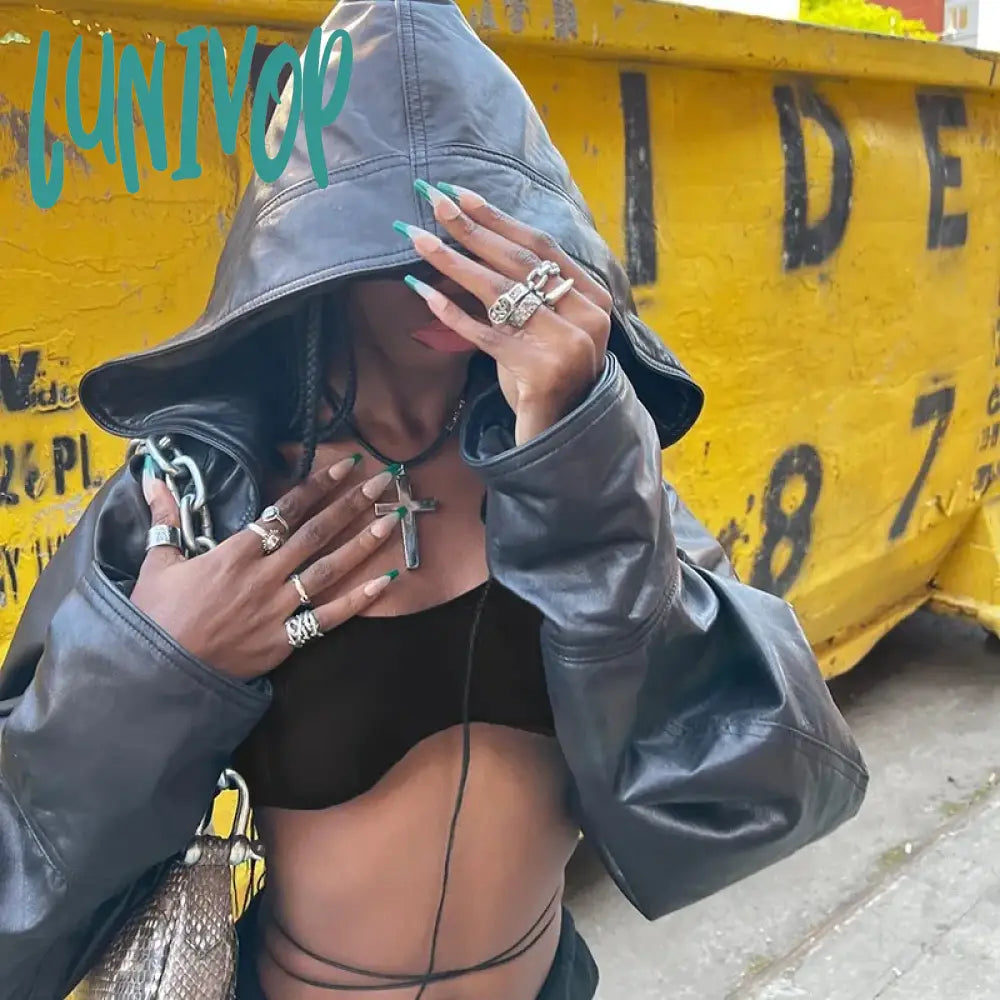 Lunivop Y2K Mall Gothic Pu Crop Jackets Women Aesthetic Emo Alternative Cyber Punk Streetwear