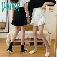 Lunivop Y2K Mini Skirts Women Elastic High Waist A Line Folds Office Lady Fashion Solid Slim All