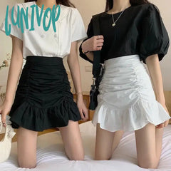 Lunivop Y2K Mini Skirts Women Elastic High Waist A Line Folds Office Lady Fashion Solid Slim All