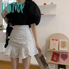 Lunivop Y2K Mini Skirts Women Elastic High Waist A Line Folds Office Lady Fashion Solid Slim All