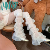 Lunivop Y2K Multi-Layered Lace Over-The-Knee Socks Leg Cover Pearl Fairy Ruffles Warmers Women Punk