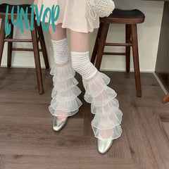 Lunivop Y2K Multi-Layered Lace Over-The-Knee Socks Leg Cover Pearl Fairy Ruffles Warmers Women Punk