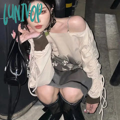 Lunivop Y2K Off Shoulder Hoodies Women Streetwear Oversized Print Sweatshirt Vintage Hollow Out