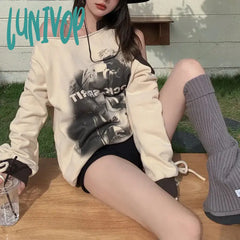 Lunivop Y2K Off Shoulder Hoodies Women Streetwear Oversized Print Sweatshirt Vintage Hollow Out