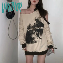 Lunivop Y2K Off Shoulder Hoodies Women Streetwear Oversized Print Sweatshirt Vintage Hollow Out