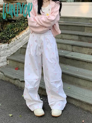 Lunivop Y2K Parachute White Pants Women Streetwear Fashion Baggy Bows High Waist Casual Sweatpants