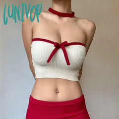 Lunivop Y2K Patchwork Color Bow Stitching Tank Top Sexy Strapless Off Shoulder Backless Crop Tops
