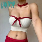 Lunivop Y2K Patchwork Color Bow Stitching Tank Top Sexy Strapless Off Shoulder Backless Crop Tops