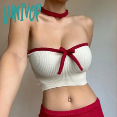 Lunivop Y2K Patchwork Color Bow Stitching Tank Top Sexy Strapless Off Shoulder Backless Crop Tops