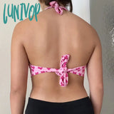 Lunivop Y2K Pink Crop Top Heart Printed Sweet Cute Metal Tie Up Halter Women Backless Tank Beach