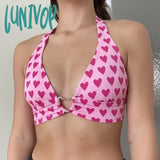 Lunivop Y2K Pink Crop Top Heart Printed Sweet Cute Metal Tie Up Halter Women Backless Tank Beach