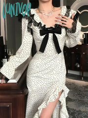 Lunivop Y2K Polka Dot Long Dress Women Sleeve Ruched Collar High Slit Slim Mermaid Autumn Spring