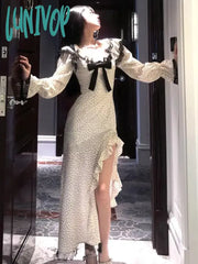 Lunivop Y2K Polka Dot Long Dress Women Sleeve Ruched Collar High Slit Slim Mermaid Autumn Spring