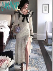 Lunivop Y2K Polka Dot Long Dress Women Sleeve Ruched Collar High Slit Slim Mermaid Autumn Spring