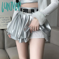 Lunivop Y2K Pu Leather Mini Skirt Women Streetwear Belt Pleated Skirts Harajuku Korean Fashion High