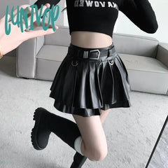 Lunivop Y2K Pu Leather Mini Skirt Women Streetwear Belt Pleated Skirts Harajuku Korean Fashion High