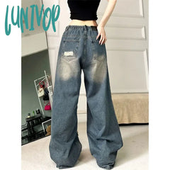 Lunivop Y2K Ripped Jeans Women Vintage Oversized Black Wide Leg Denim Pants Harajuku Streetwear