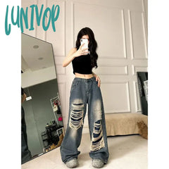 Lunivop Y2K Ripped Jeans Women Vintage Oversized Black Wide Leg Denim Pants Harajuku Streetwear