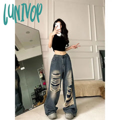 Lunivop Y2K Ripped Jeans Women Vintage Oversized Black Wide Leg Denim Pants Harajuku Streetwear