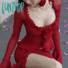 Lunivop Y2K Ruffles Slim Mesh Long Sleeve Crop Top Mini Skirts Sets Elegant Outfits Tie Front Tops