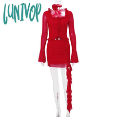 Lunivop Y2K Ruffles Slim Mesh Long Sleeve Crop Top Mini Skirts Sets Elegant Outfits Tie Front Tops