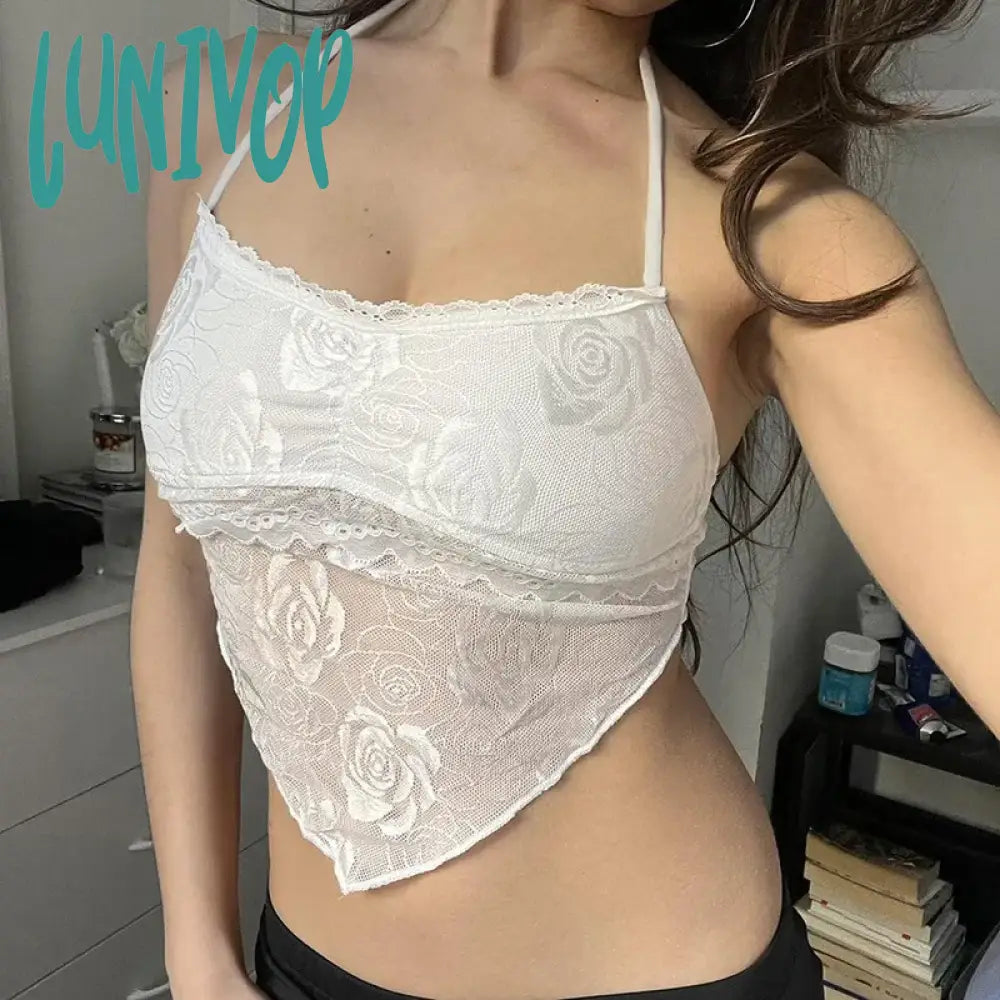 Lunivop Y2K Sexy Lace Trim Halter Tops See Through Slim Slash Neck Sleeveless Tank Women 2024