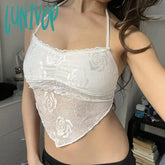 Lunivop Y2K Sexy Lace Trim Halter Tops See Through Slim Slash Neck Sleeveless Tank Women 2024