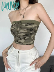 Lunivop Y2K Sexy Lady Camo Tubes Tops For Women Camouflage Lace Up Strapless Bandeau Military Crop