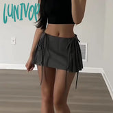 Lunivop Y2K Sexy Pleated Mini Skirt Women Summer Low Waist A-Line Zipper Split Lace-Up Kpop Micro