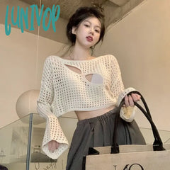 Lunivop Y2K Sheer Crop Sweater Women Sexy Hollow Out Long Sleeve Crochet Pullovers Vintage