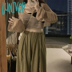 Lunivop Y2K Sheer Crop Sweater Women Sexy Hollow Out Long Sleeve Crochet Pullovers Vintage