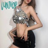 Lunivop Y2K Silver Sequin Matte Crop Tank Tops Women Aesthetic Trendy 2000S Sexy Backless Halter